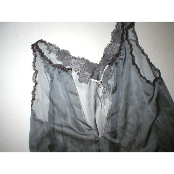 NWT New Designer Josie Natori Silk Womens Sheer Gown Chemise S Gray Lace Trim - Picture 3 of 5